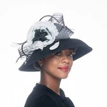Silk Flower Bow Down Brim Wool Felt Hat in Black
