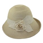 Jeanne Simmons Paper Braid Turn Brim Bucket Hat W/ Rose in Cream