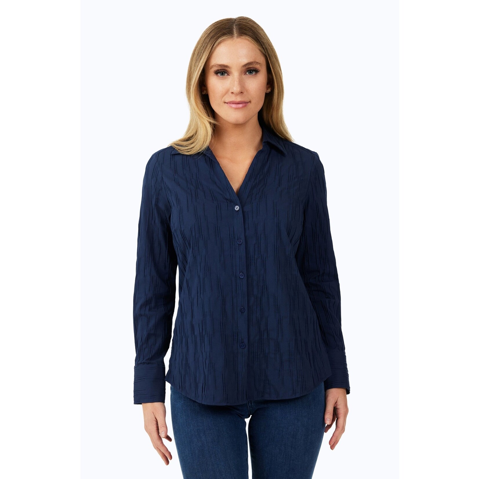 Foxcroft Collared Button Down Crinkled Shirt in Navy