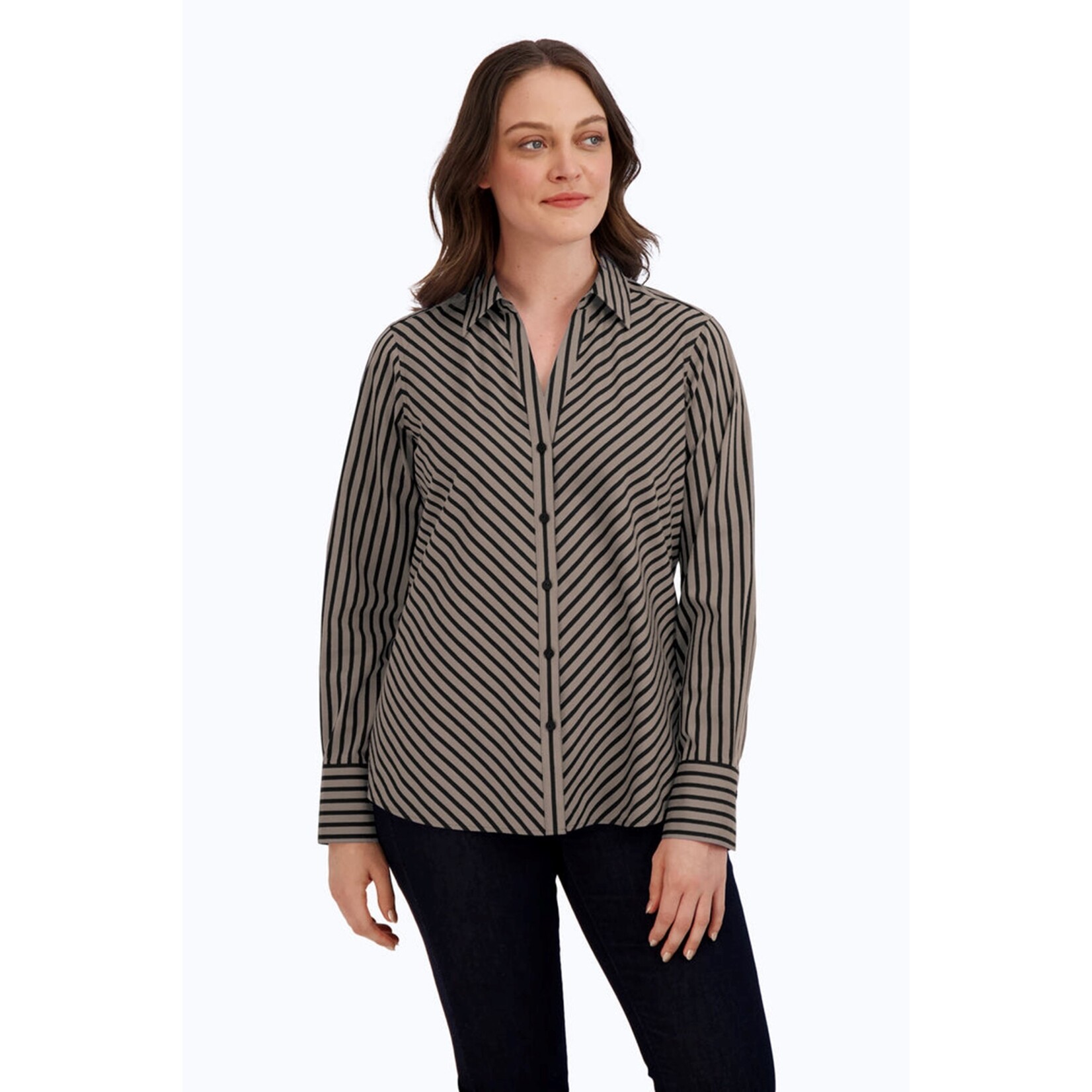 Collared Button Down Striped Shirt in Almond/Black