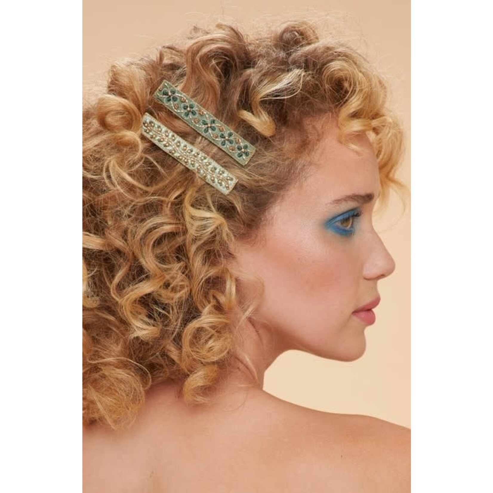 Powder Narrow Jeweled Hair Bar Clips (Set of 2) - Green Vines