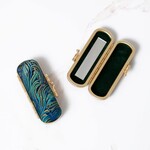 Cathayana Peacock Pattern Brocade Lipstick Case / Holder with Mirror in Blue & Gold