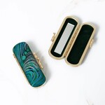 Cathayana Peacock Pattern Brocade Lipstick Case / Holder with Mirror in Teal & Pink