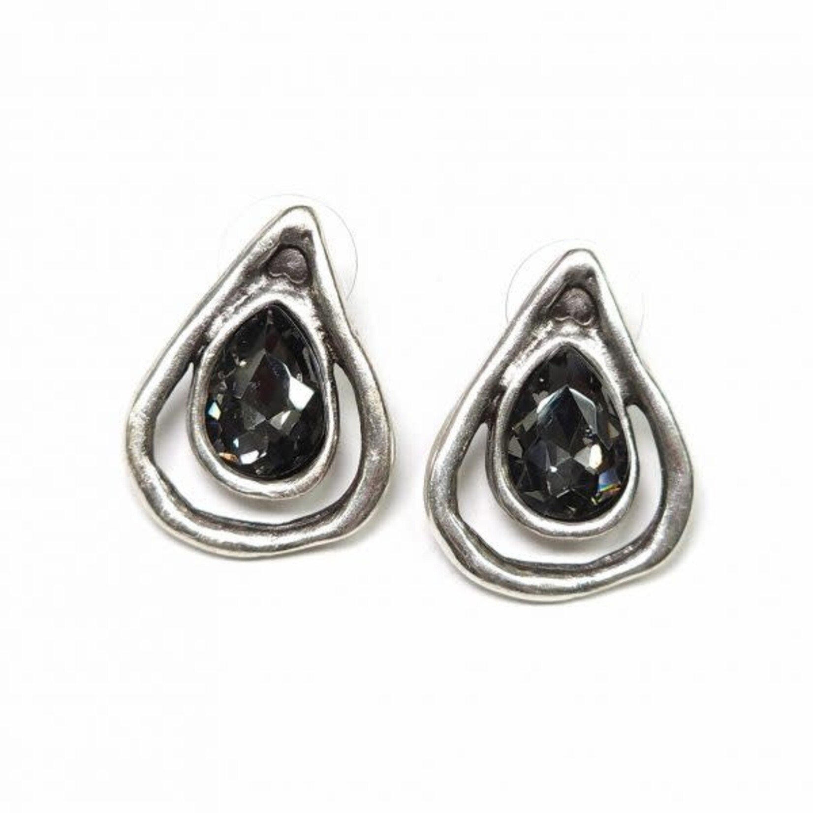 The Ancient Bazaar Pewter Earrings Stud Drop w/ Smokey Gray Crystals