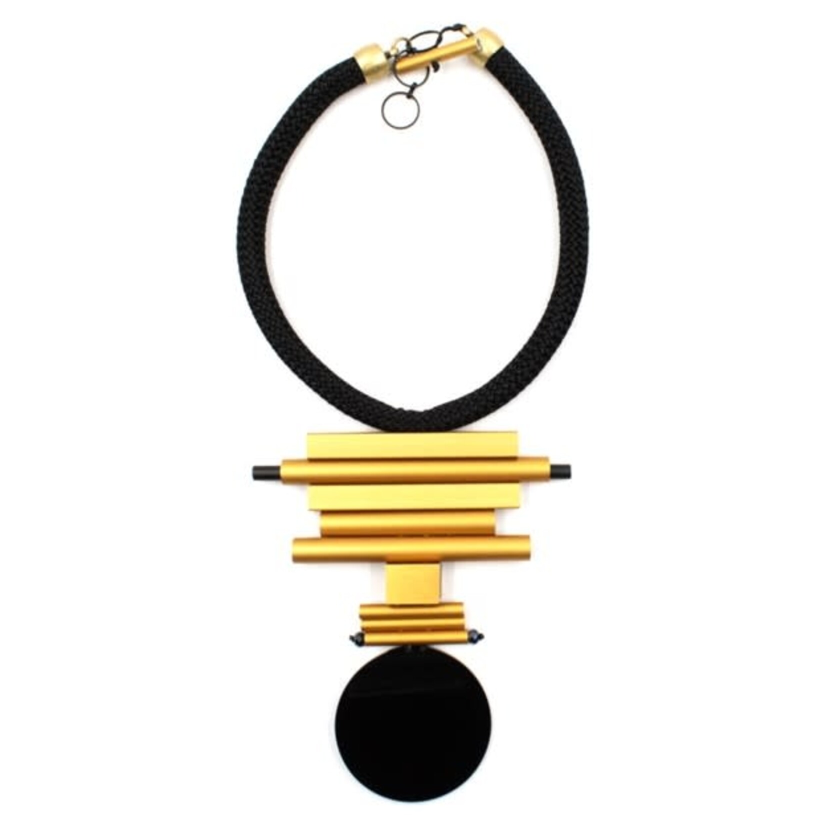 NIKAIA Aluminum  & Resin Pdt Necklace on Woven Cord in Gold