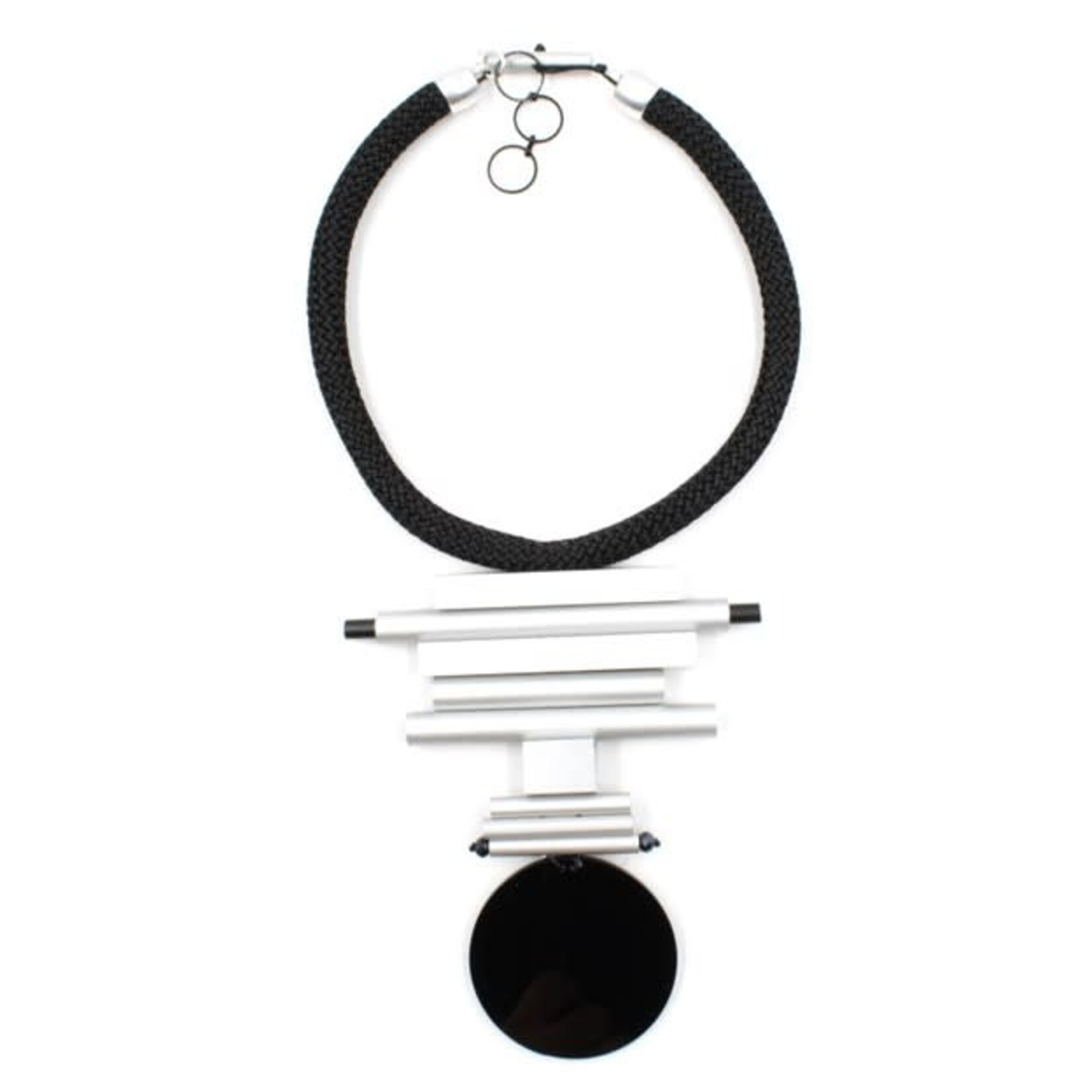 NIKAIA Aluminum  & Resin Pdt Necklace on Woven Cord in Silver