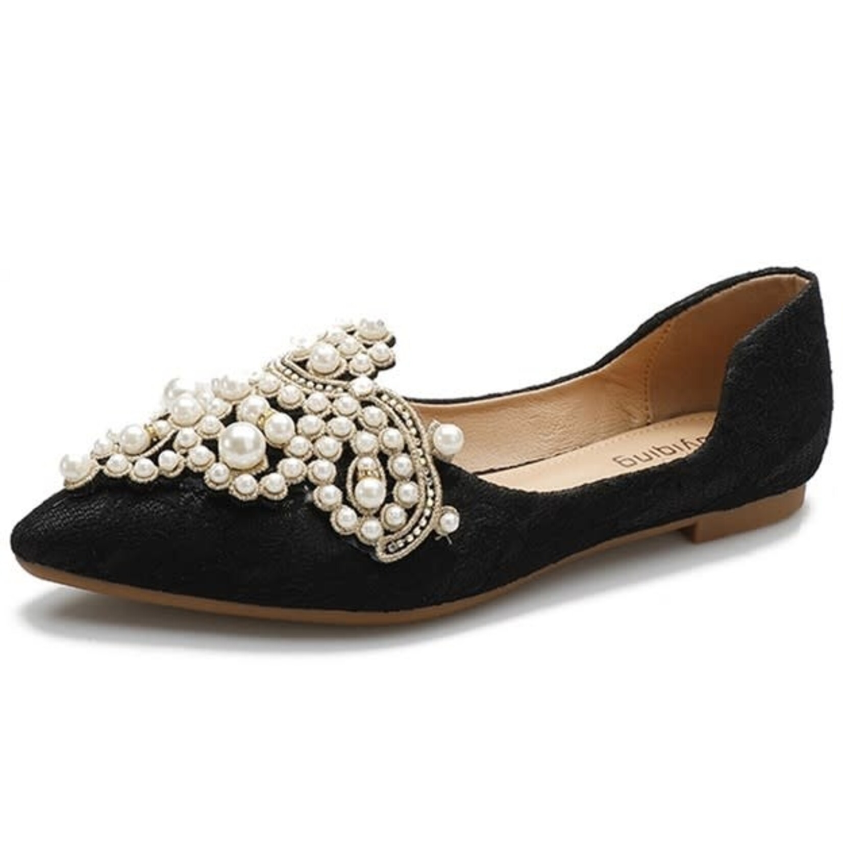 Faux Pearl Decor Lace Flat Shoes In Black 8