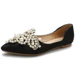 Faux Pearl Decor Lace Flat Shoes In Black