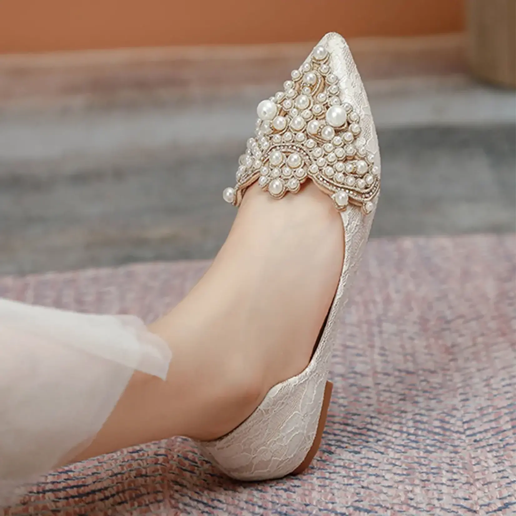 Faux Pearl Decor Lace Flat Shoes In Apricot