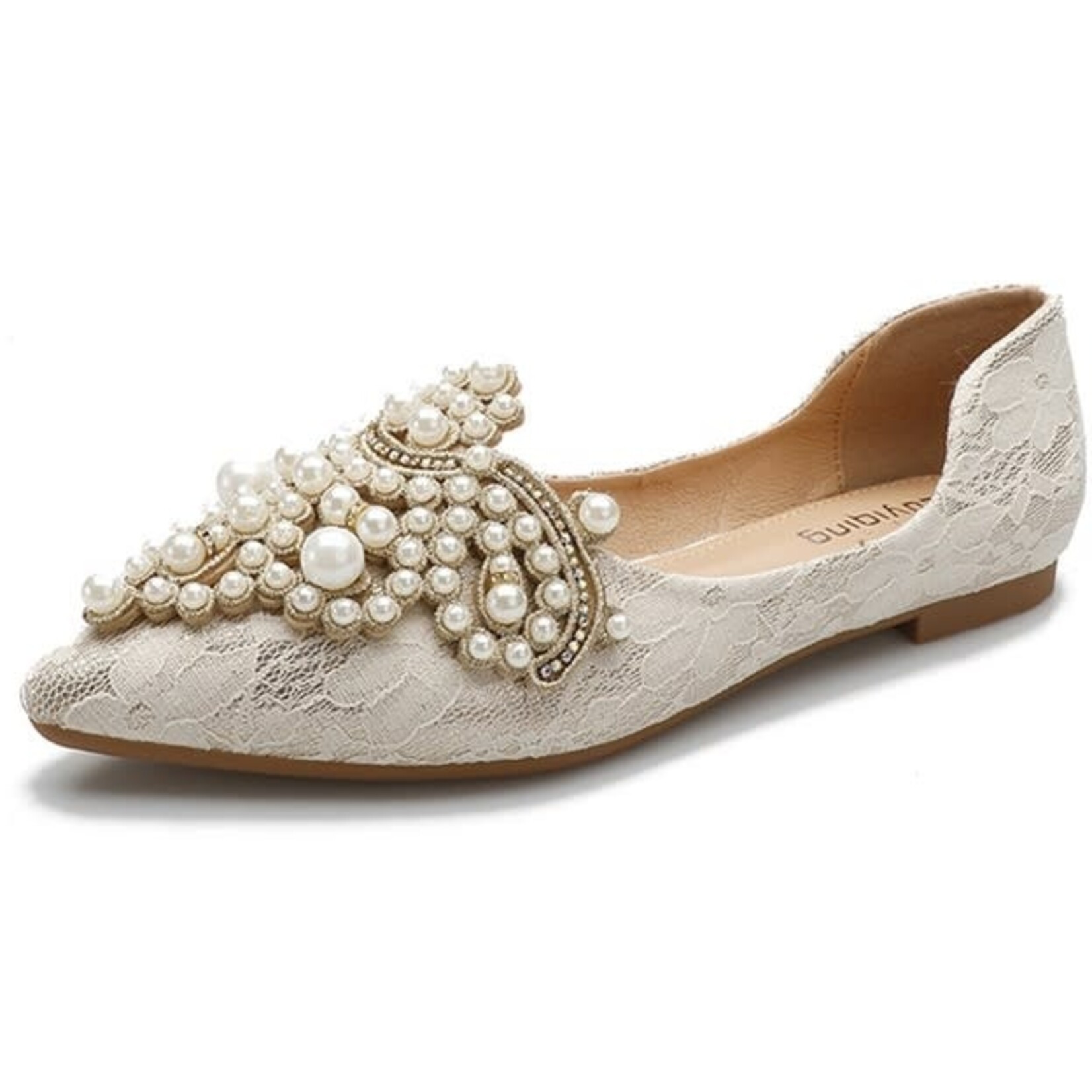 Faux Pearl Decor Lace Flat Shoes In Apricot