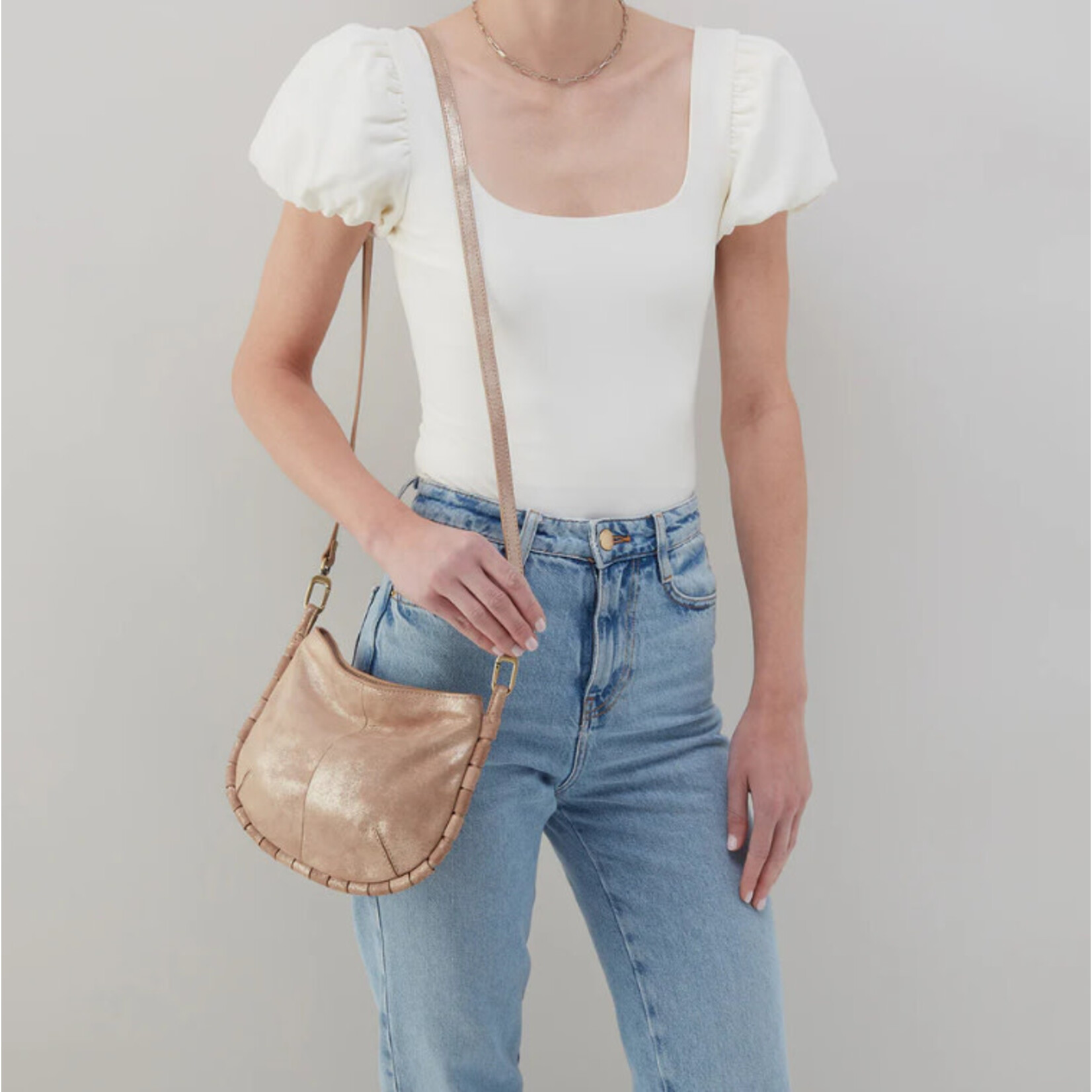 HOBO Phoebe Soft Metallic Leather Crossbody in Gilded Beige