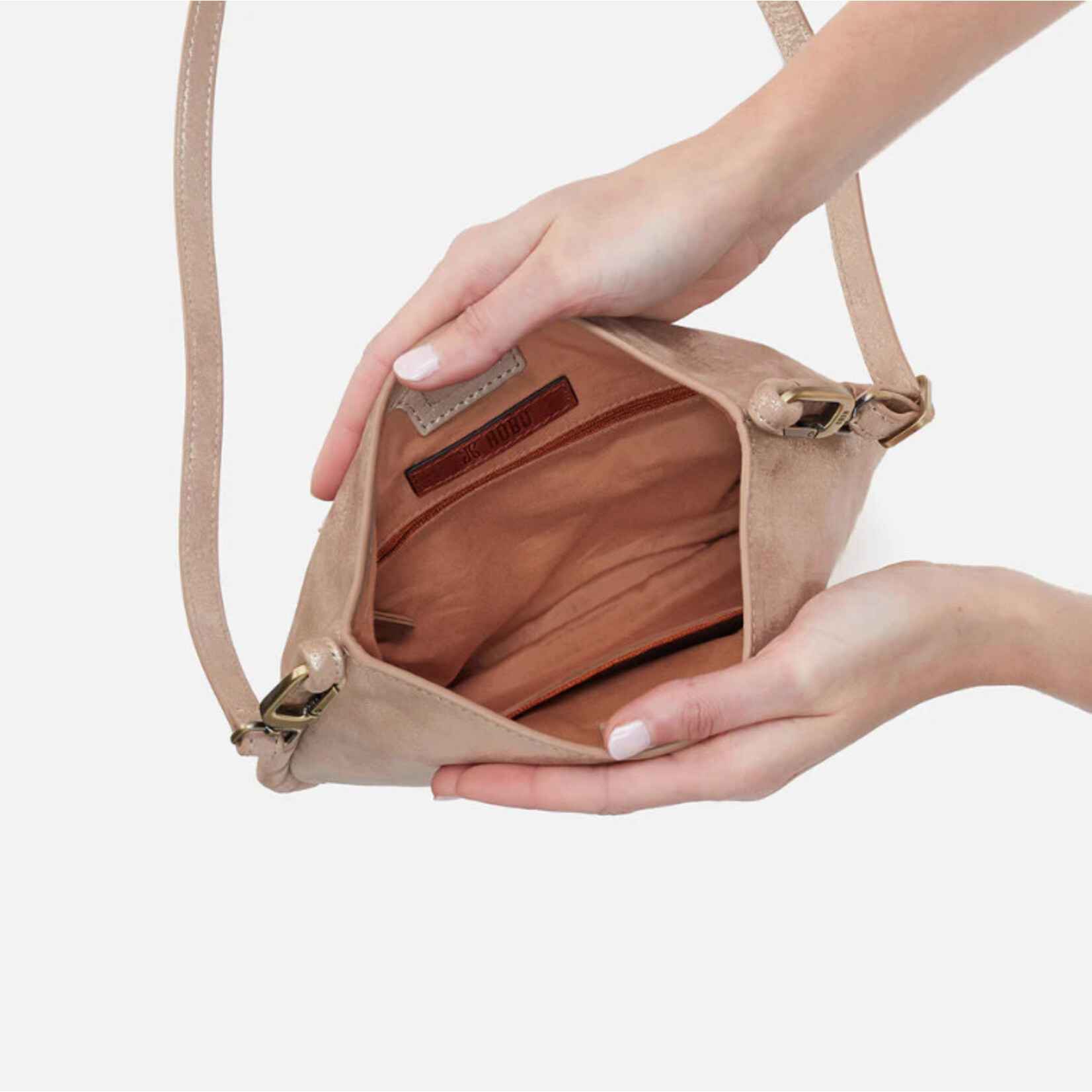 HOBO Phoebe Soft Metallic Leather Crossbody in Gilded Beige