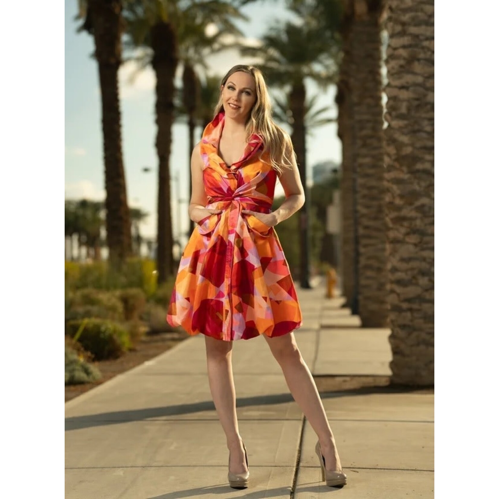 Samuel Dong Twisted Front Sleeveless Bubble Dress in Orange Multi
