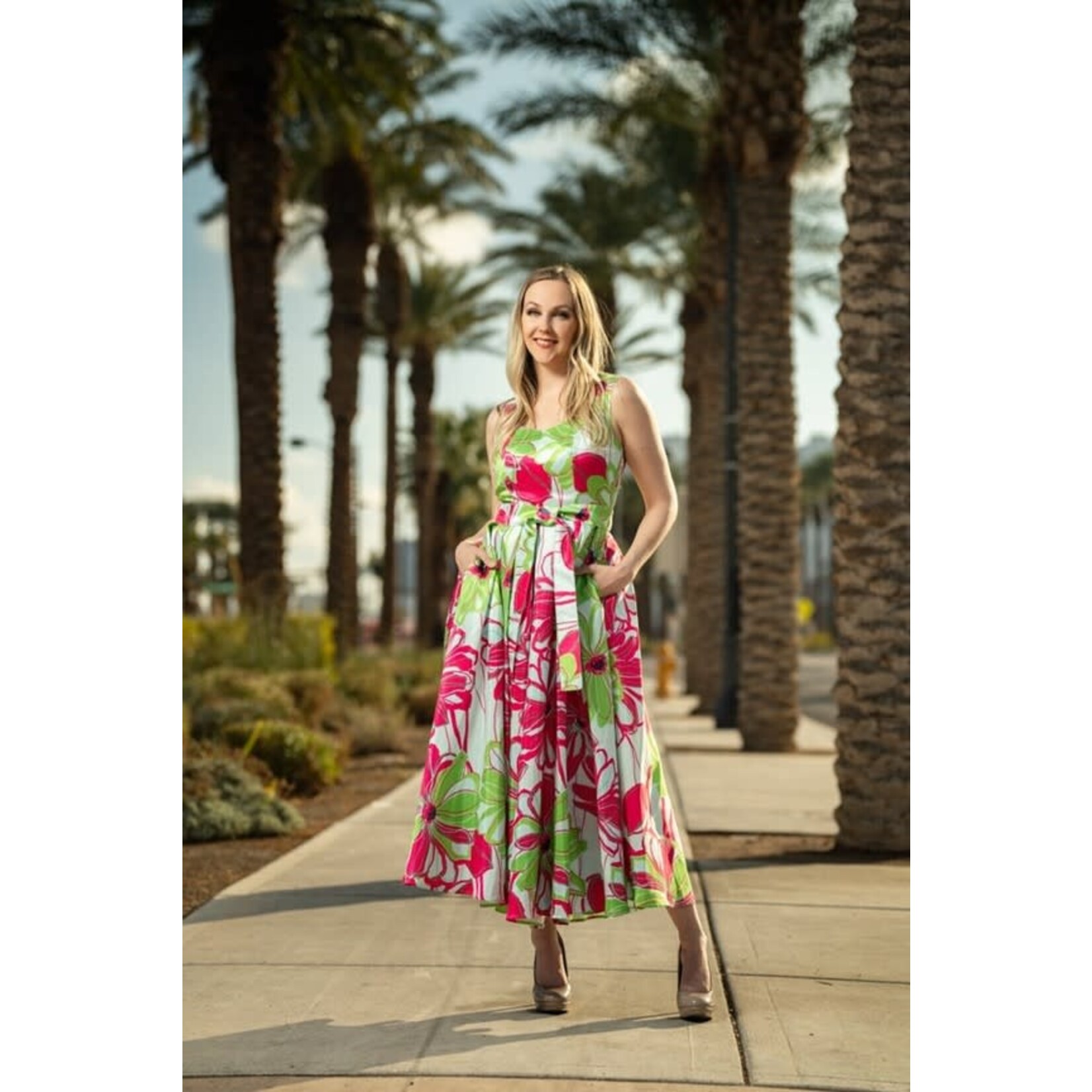 Samuel Dong Long Floral A-Line Dress in Green/Bougainvillea