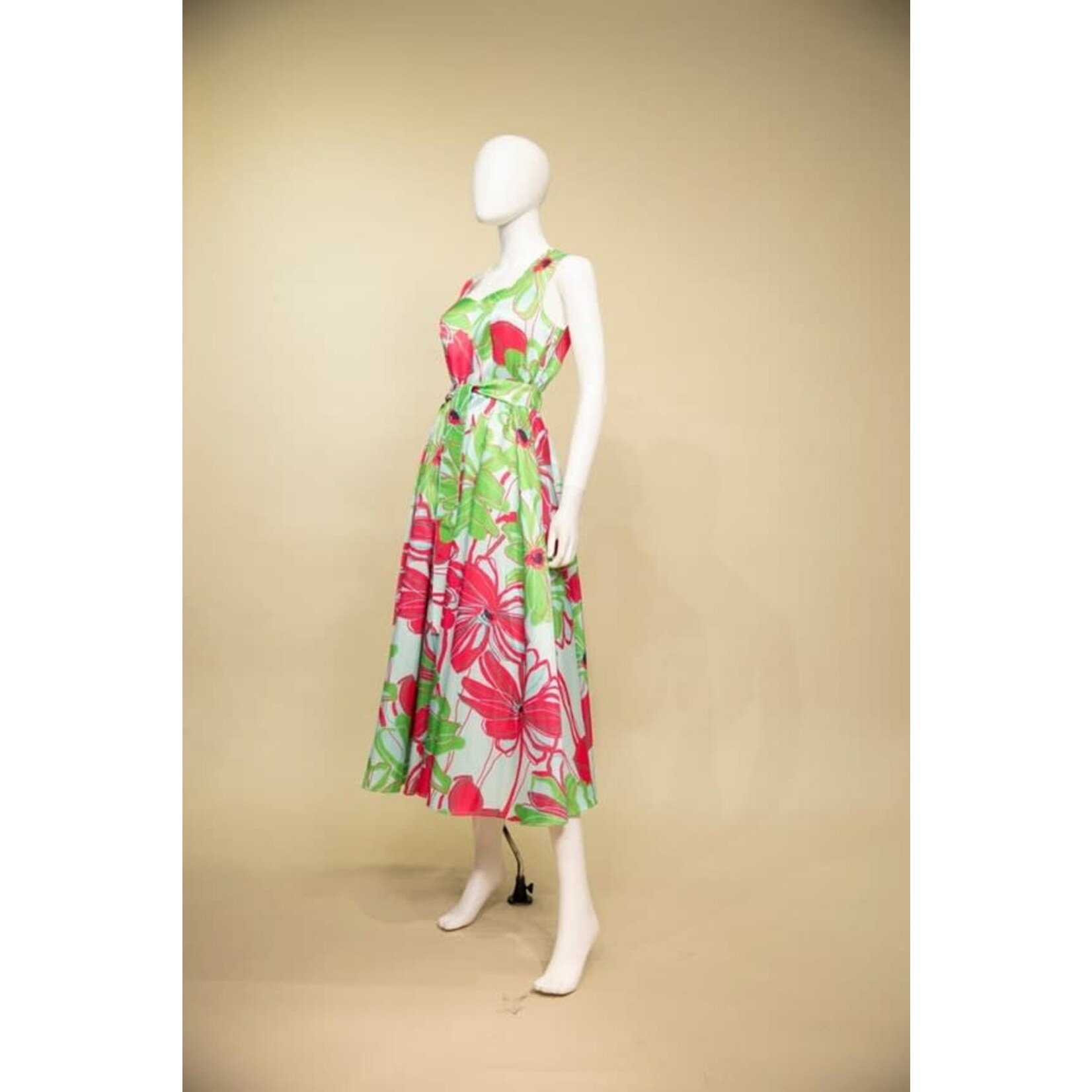 Samuel Dong Long Floral A-Line Dress in Green/Bougainvillea