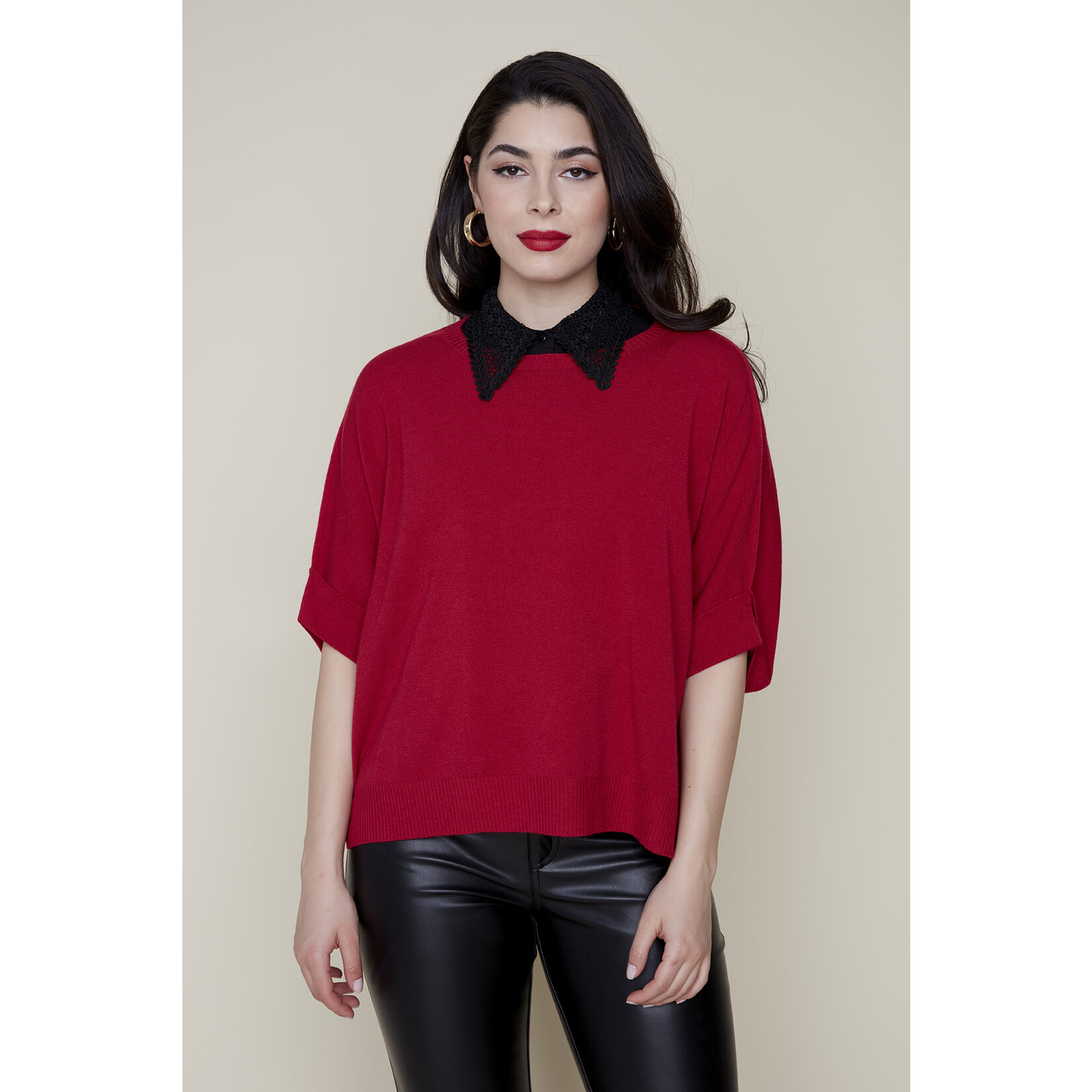 Loose 3/4 Sleeve Knit Sweater in Berry