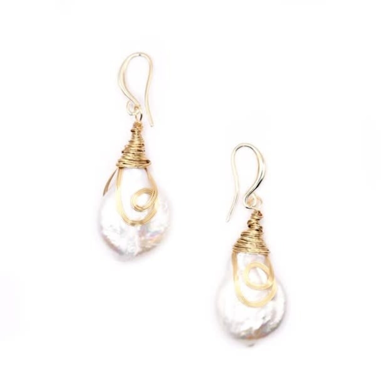 Sea Lily Gold Wrapped Coin Pearl Earrings