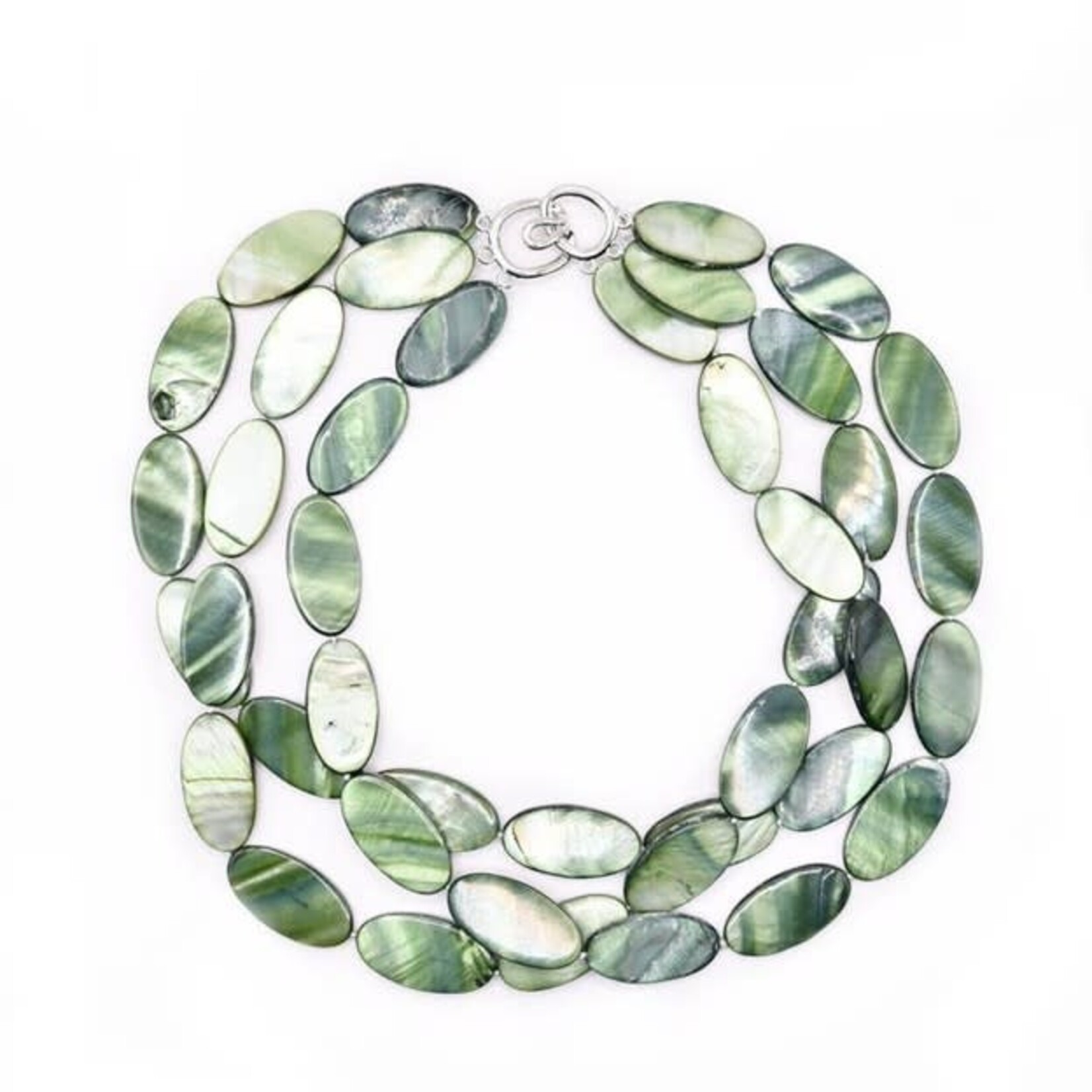 Sea Lily 3 Strand Oval MOP Necklace in Moss