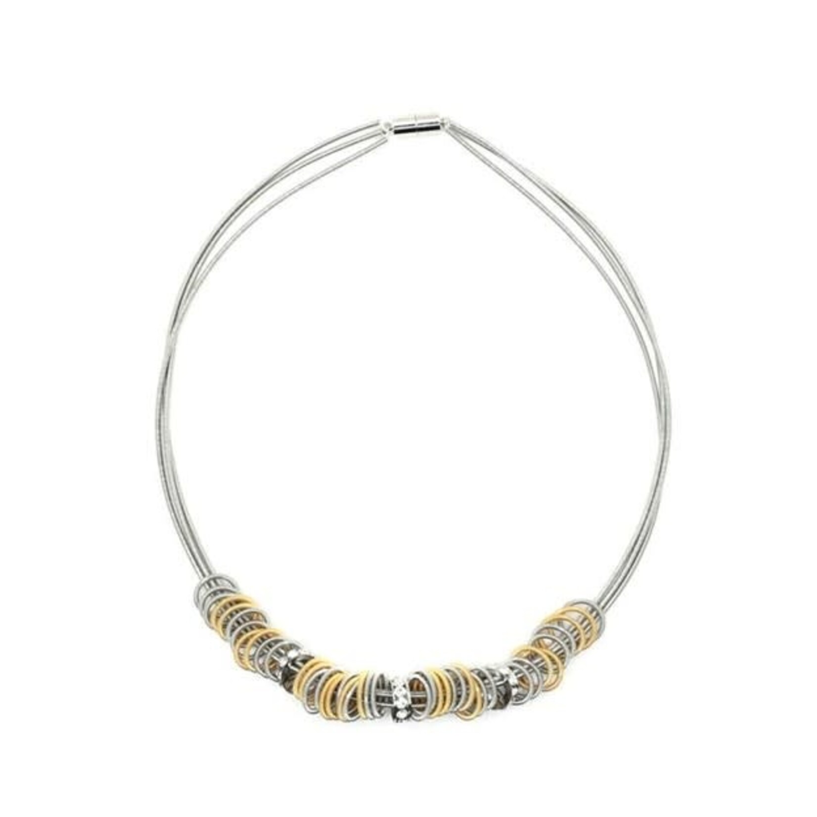 Sea Lily Silver Wire Necklace w/ Silver and Gold Rings and Crystals