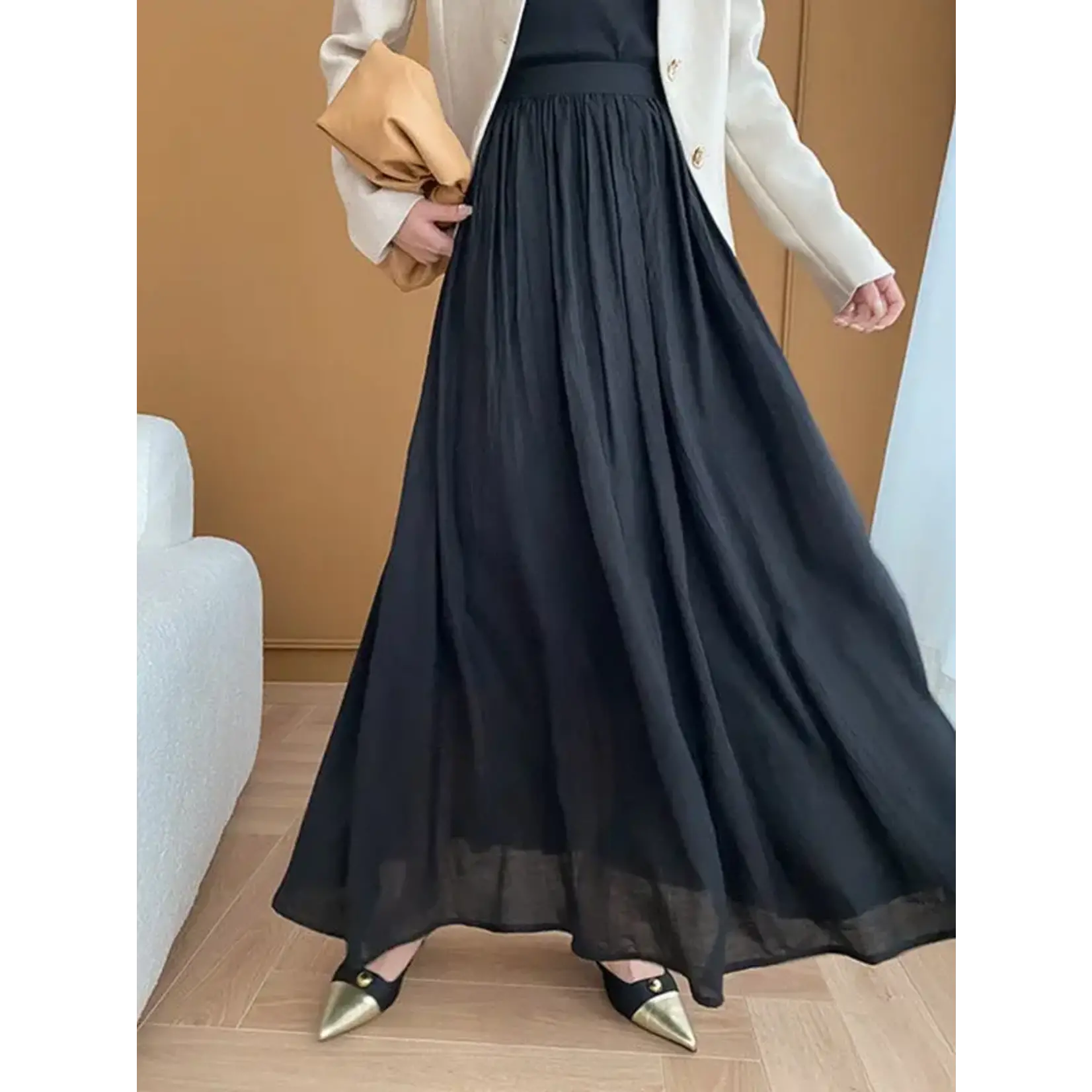 A-Line Pleated Solid Color Skirt In Black