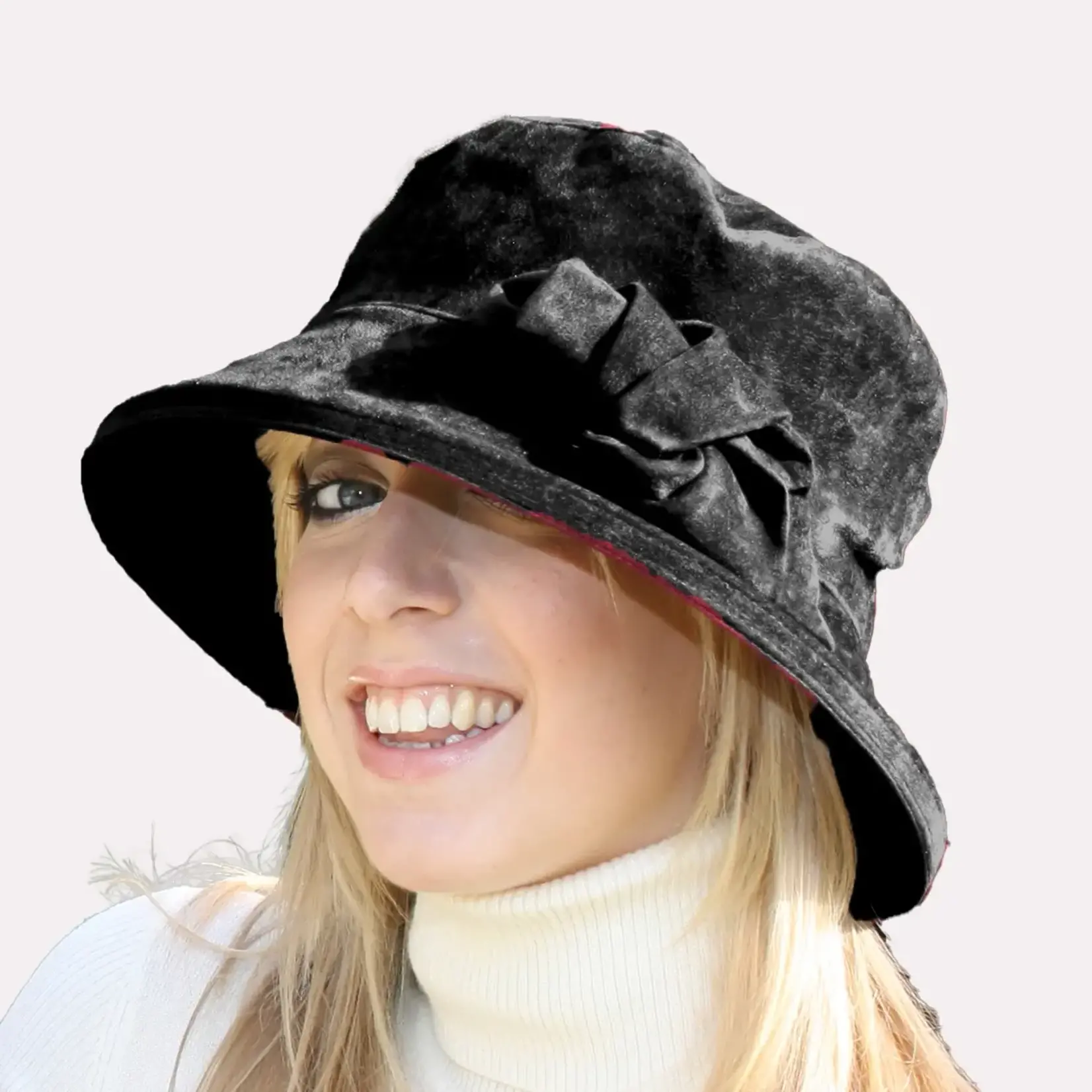 Peak & Brim Hats Anna Black Knotted Bow Trim Hat in Showerproof Suedette