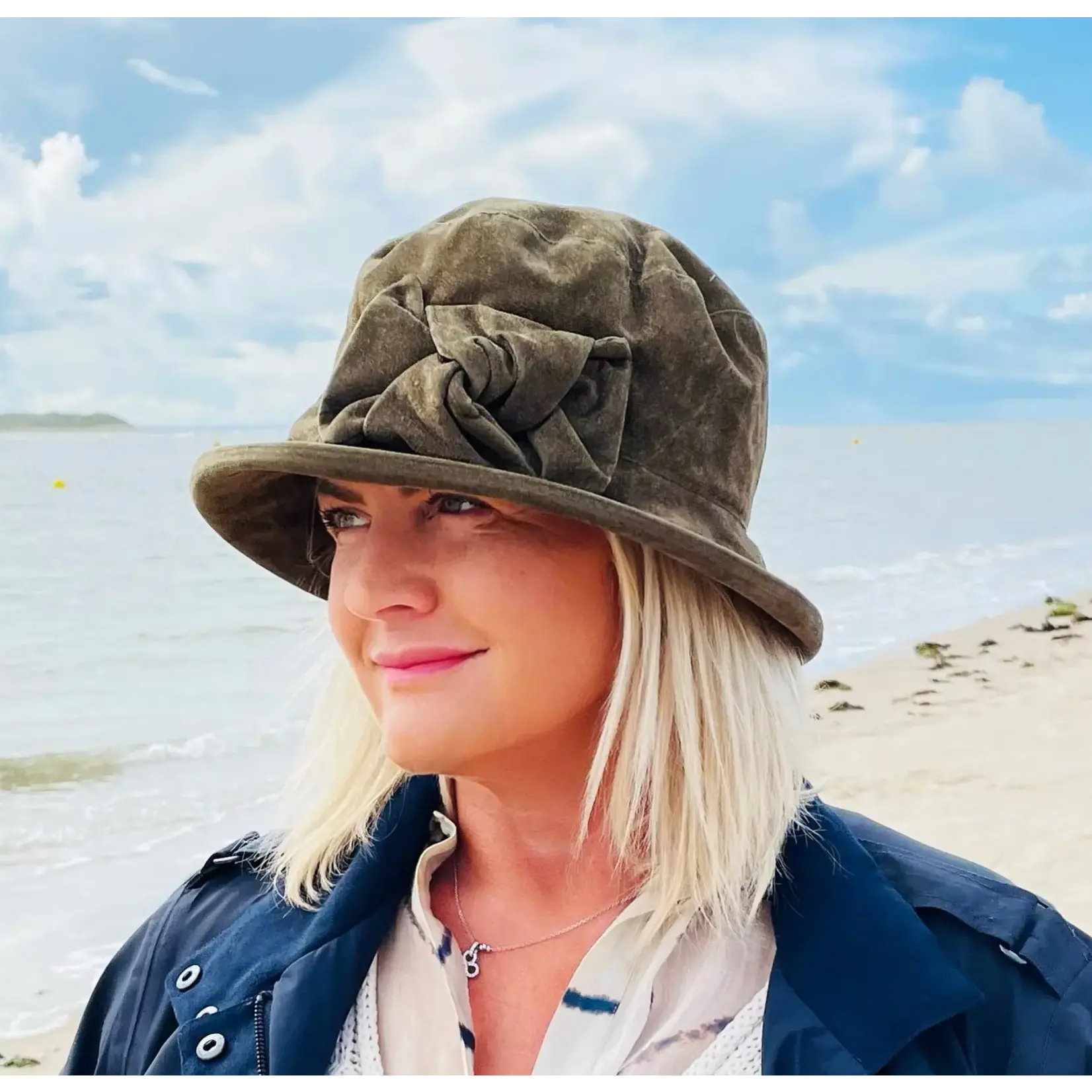 Peak & Brim Hats Anna Olive Knotted Bow Trim Hat in Showerproof Suedette