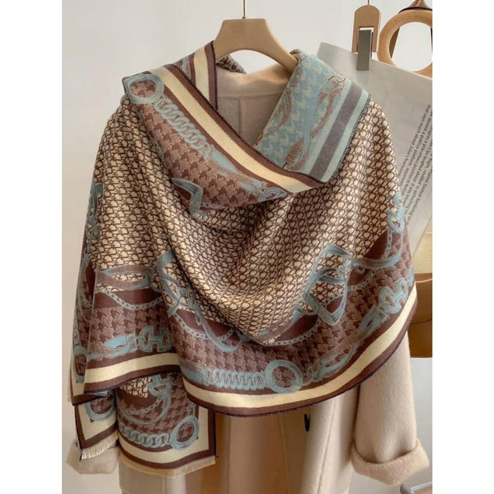 Winding River Equestrian Blue/Beige Stirrup Reversible Wrap– Artisan Shawl