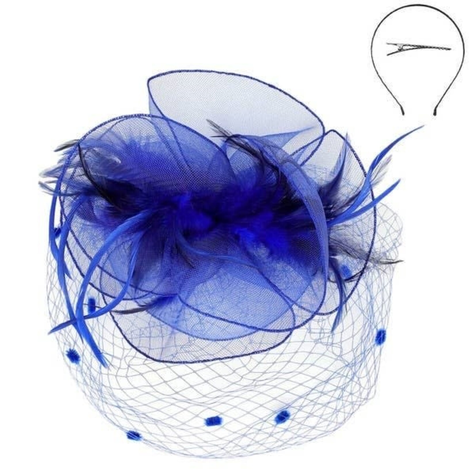 Kentucky Derby Flower Feathers Veiled Fascinator - Royal Blue