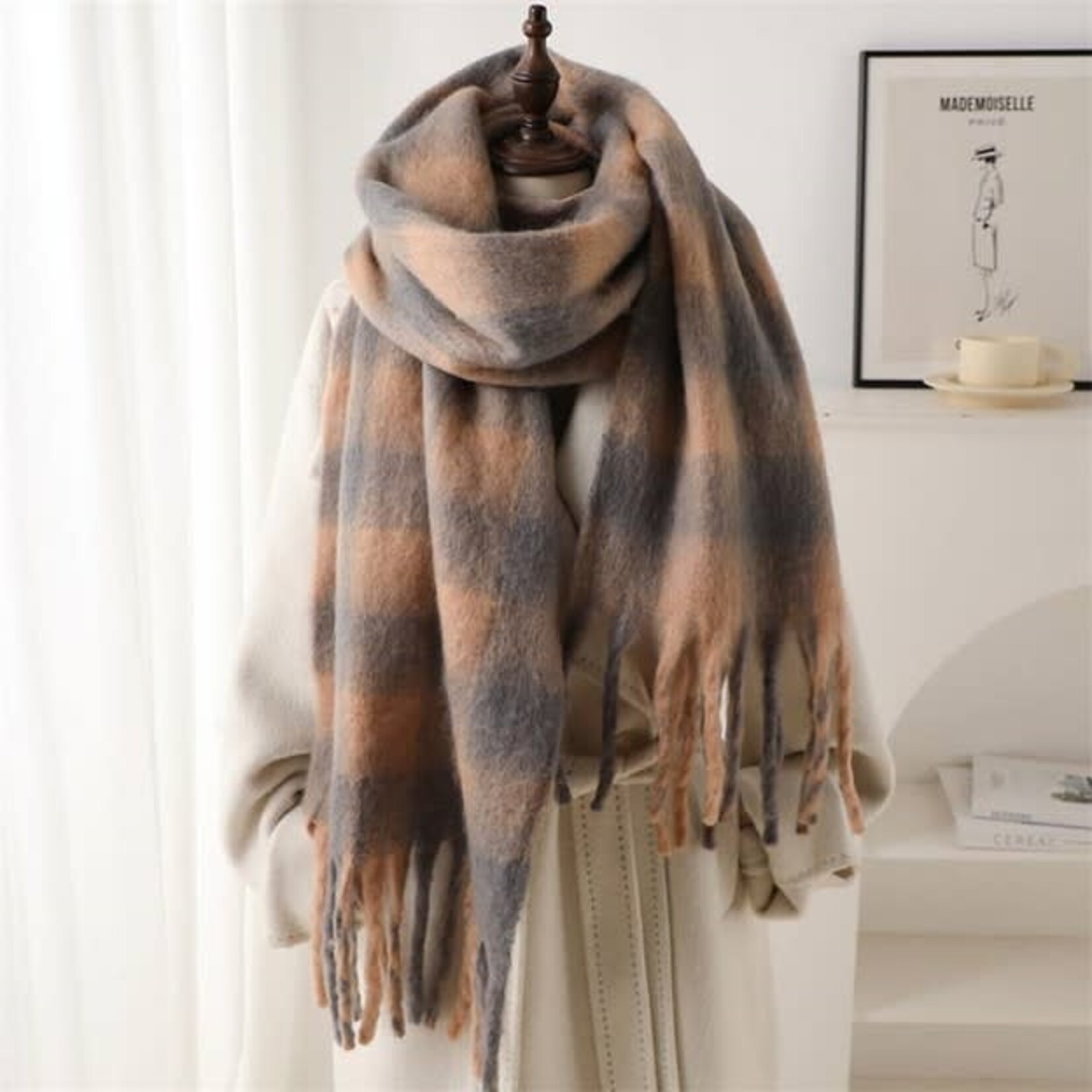 Winter Plaid Long Warm Scarf in Clay
