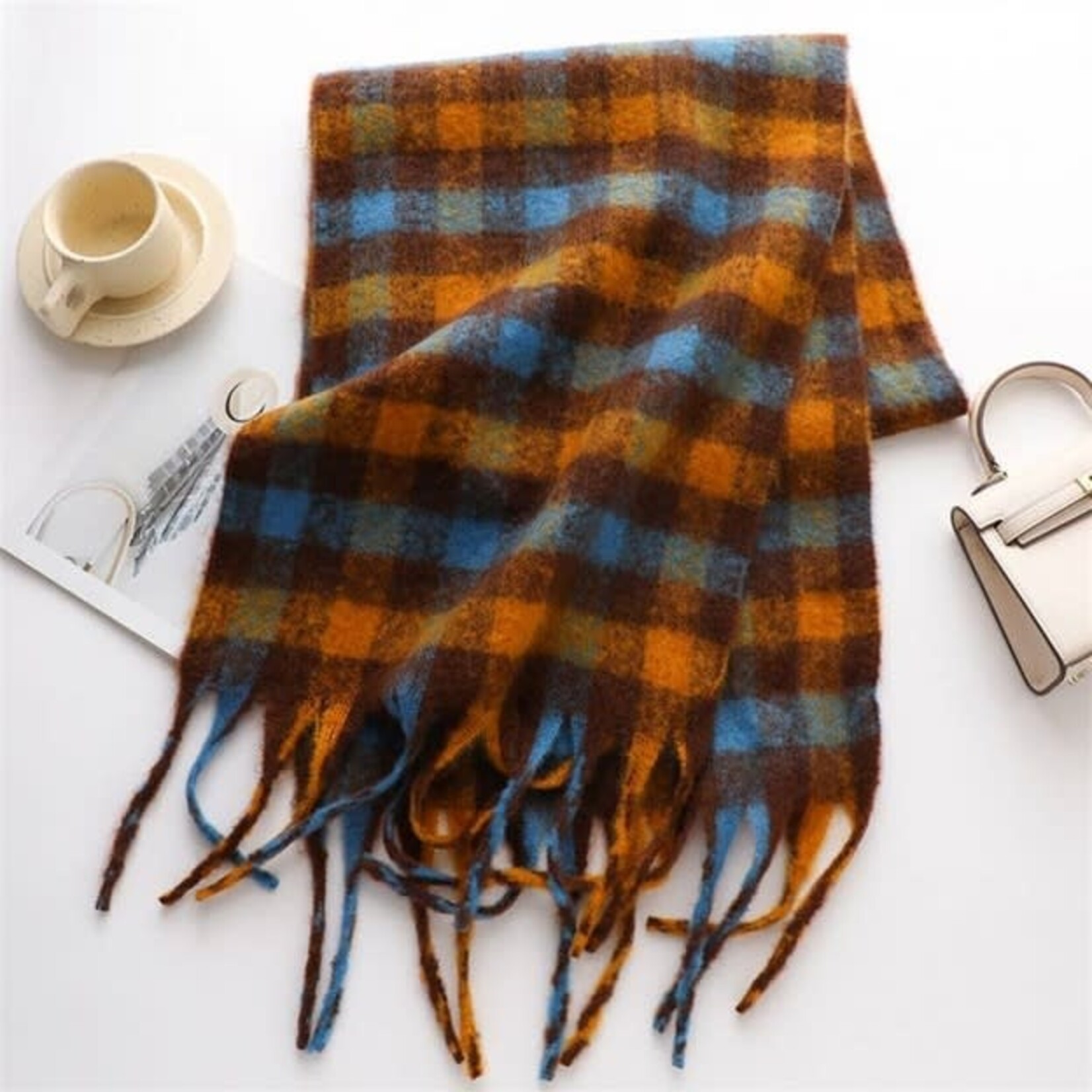 Plaid Warm Scarf with Tassel in Orange & Blue