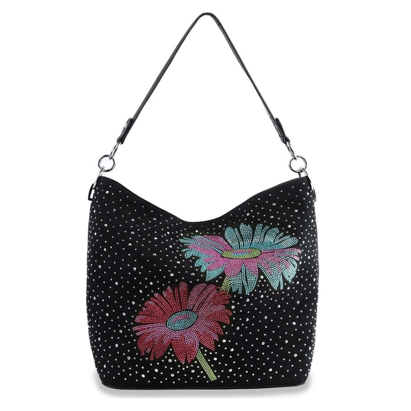 Floral Rhinstone Hobo Handbag - Black