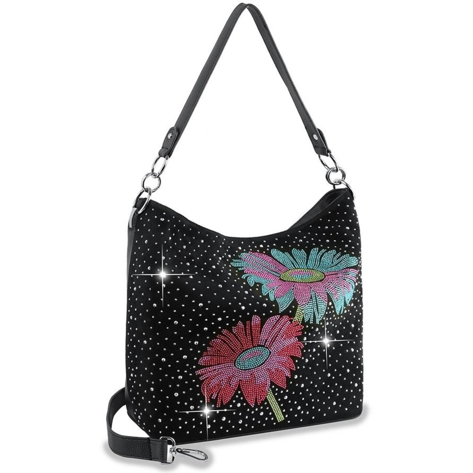 Floral Rhinstone Hobo Handbag - Black