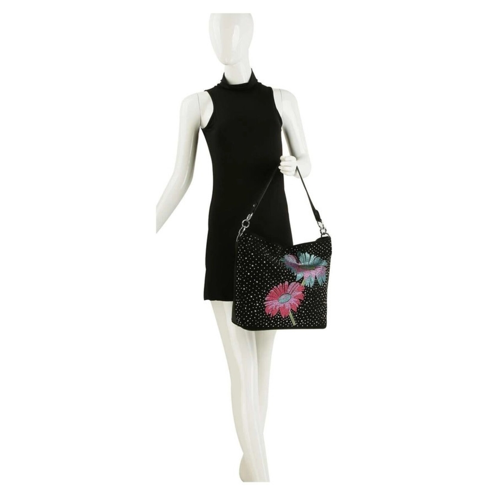 Handbag Express Floral Rhinstone Hobo Handbag - Black