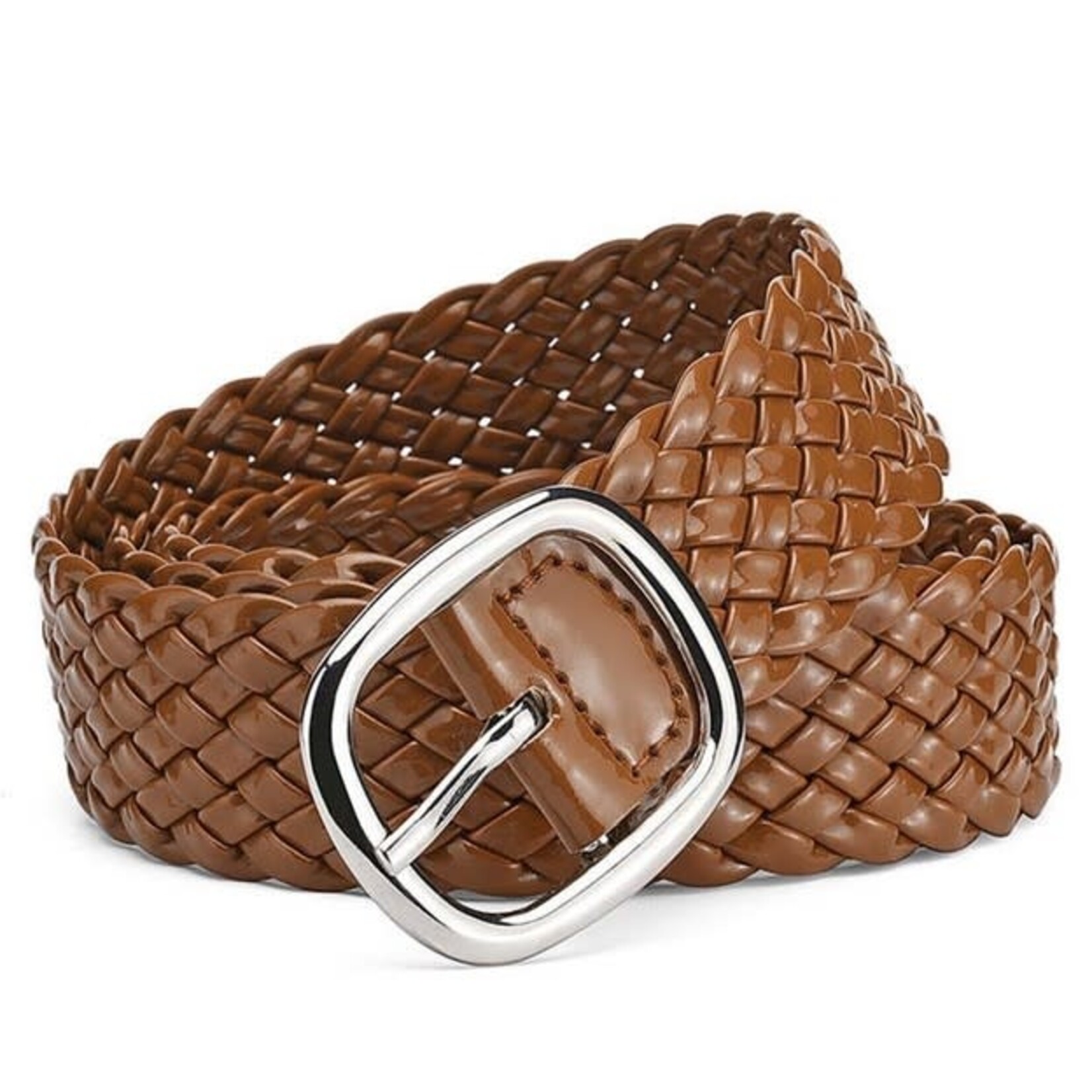 Women's Buckle Pu Patent Leather Belt in Camel