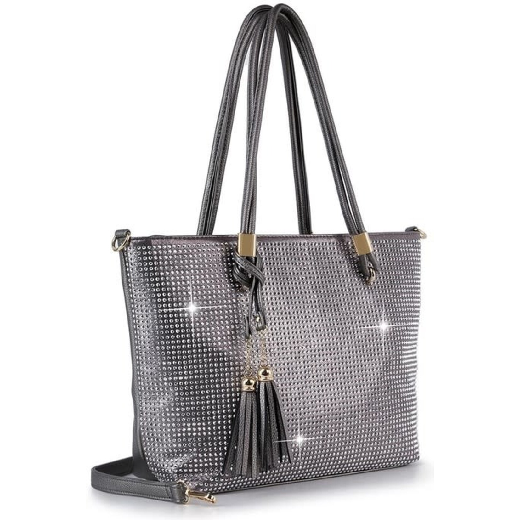 Handbag Express Rhinestone Covered Tassel Accented Tote - Pewter