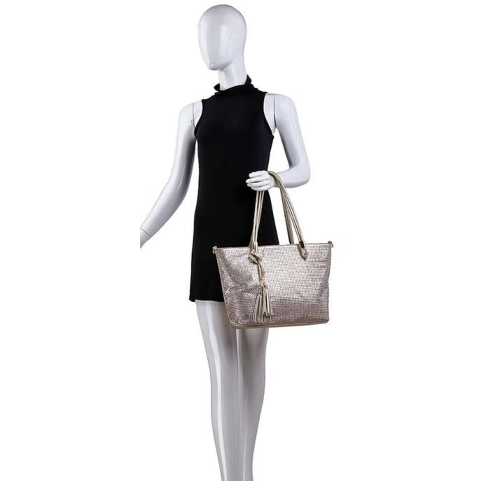 Handbag Express Rhinestone Covered Tassel Accented Tote - Pewter