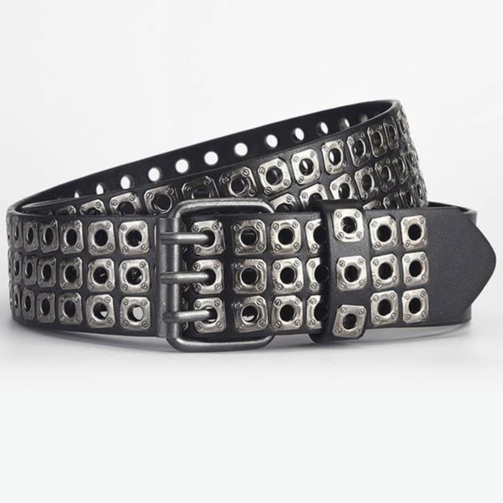 Square Bead Rivet Triple Row Eyelet Punk Belt in Dark Silver