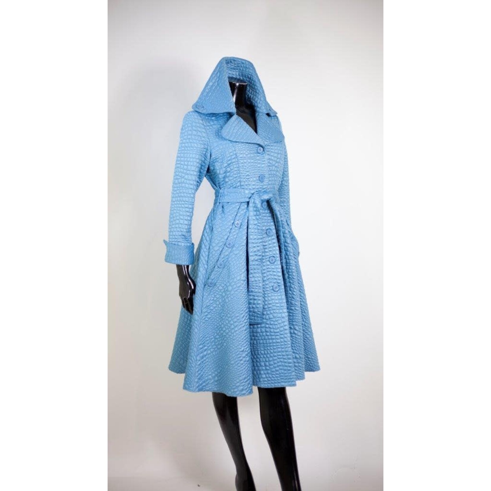 Samuel Dong Knit Alligator Jacquard A-Line Coat in Ice Blue