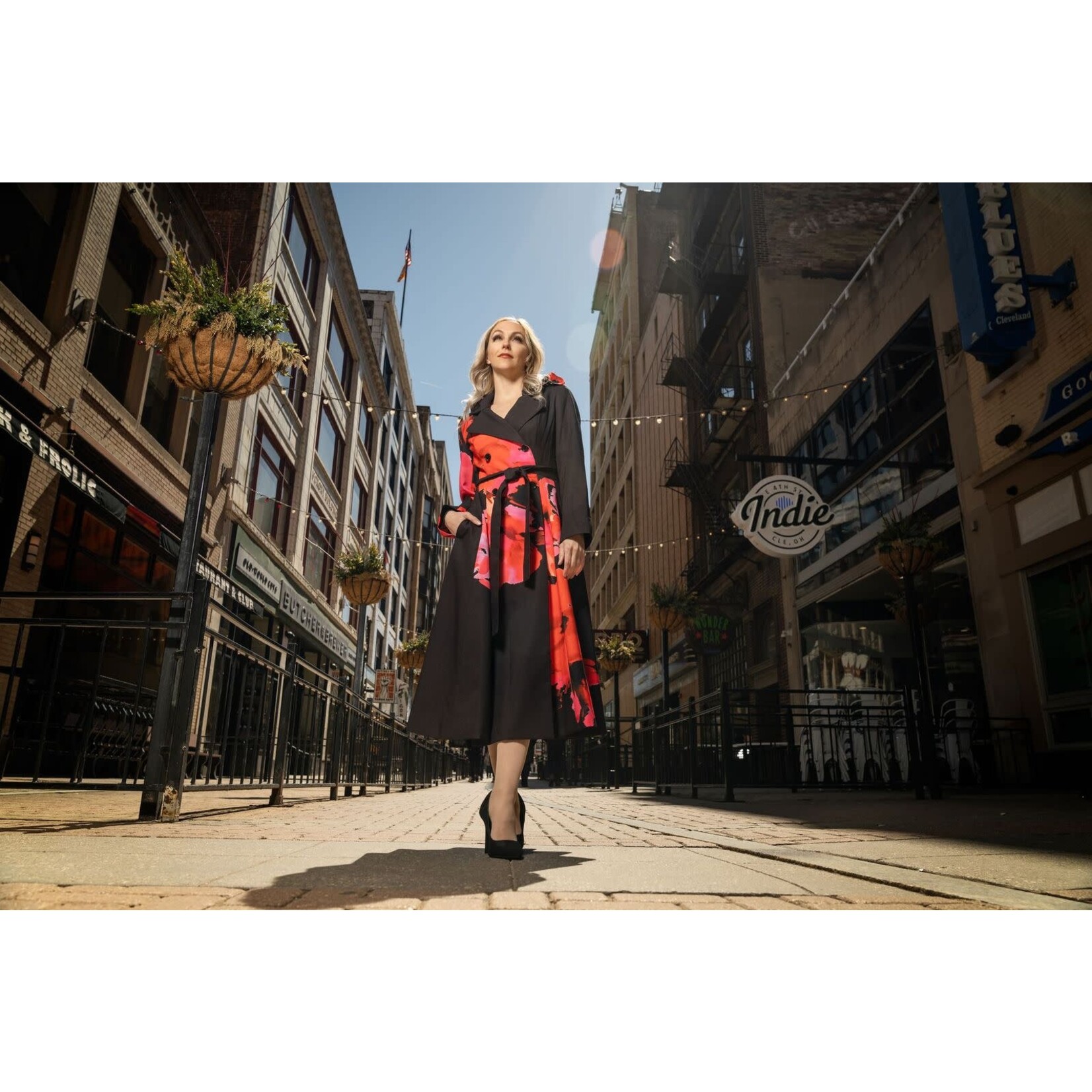 Samuel Dong Printed Double Breasted Trench Coat w/ Wired Collar/Self belt