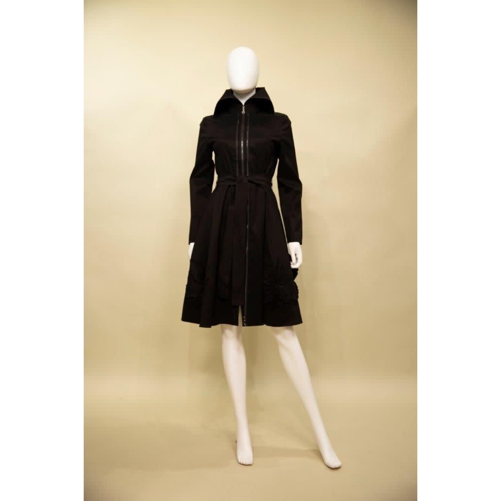 Samuel Dong Stretch Dupioni Coat/Dress w/ Flower Detail in Black