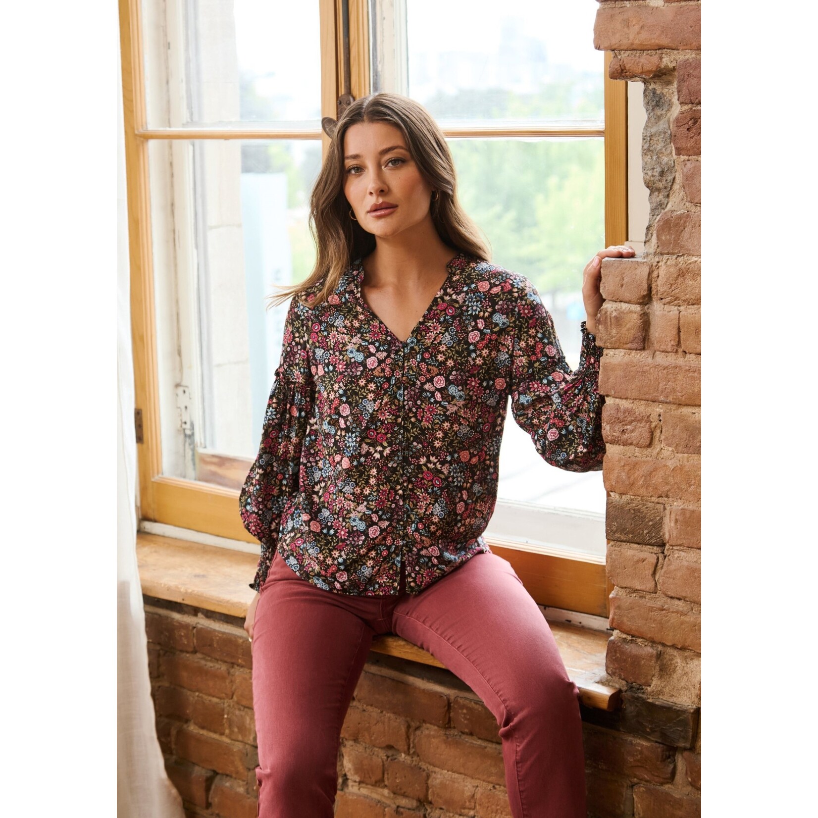 FDJ Long Sleeve Smock Cuff Top in Gramercy Floral
