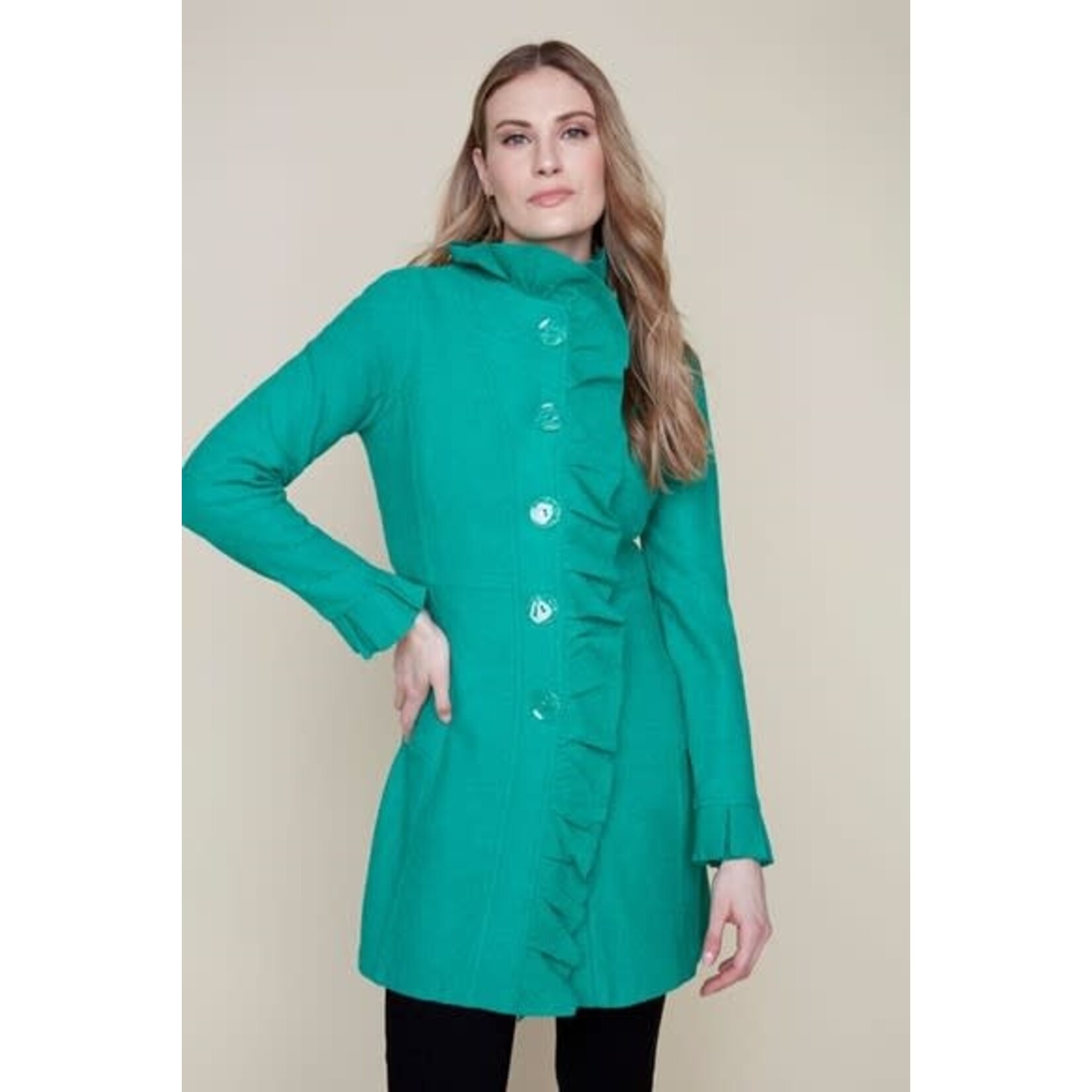 Ruffled Front Knit Jacket in Emerald