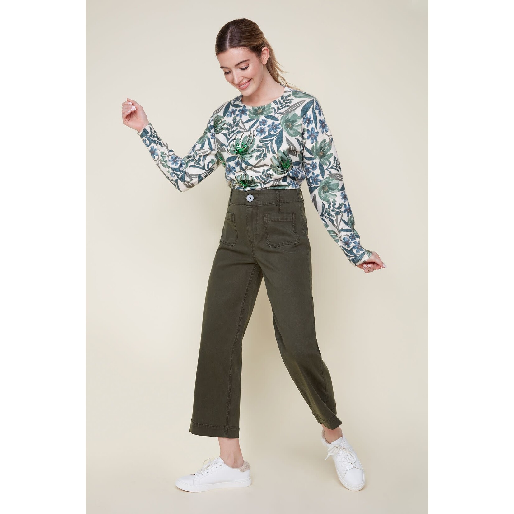 Tencel Button-Up Wide Leg Pants in Chive