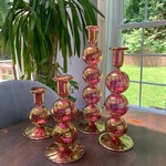 Long Stem Blown Glass Candle Holder with Baubles - Pink 11.4"