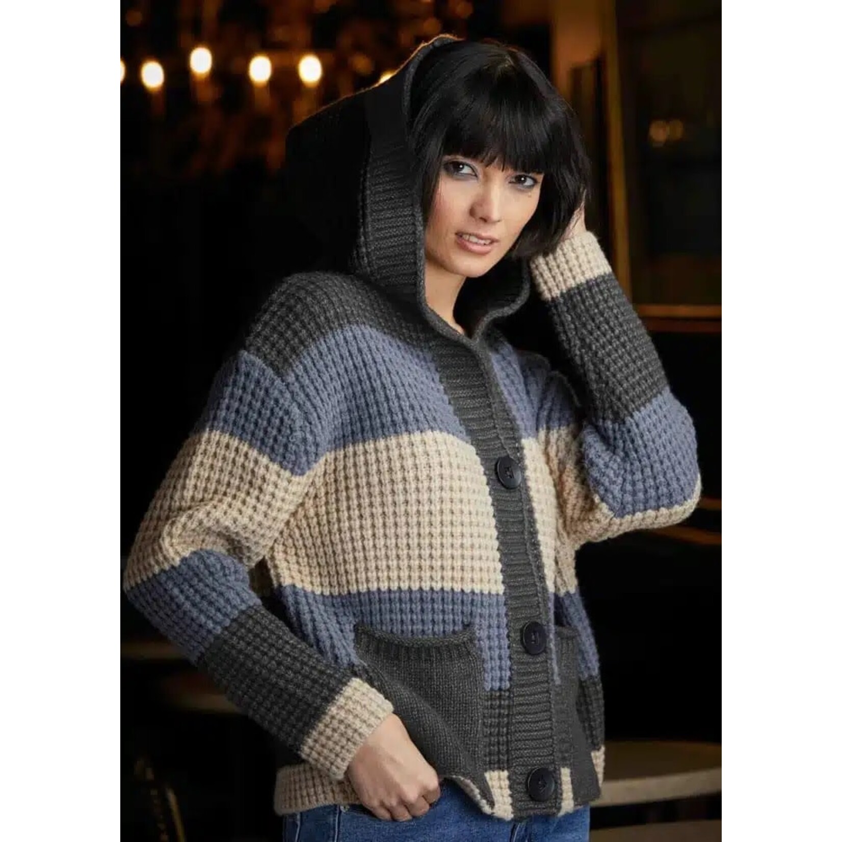 Elena Wang Button-Up Striped Hooded Cardigan