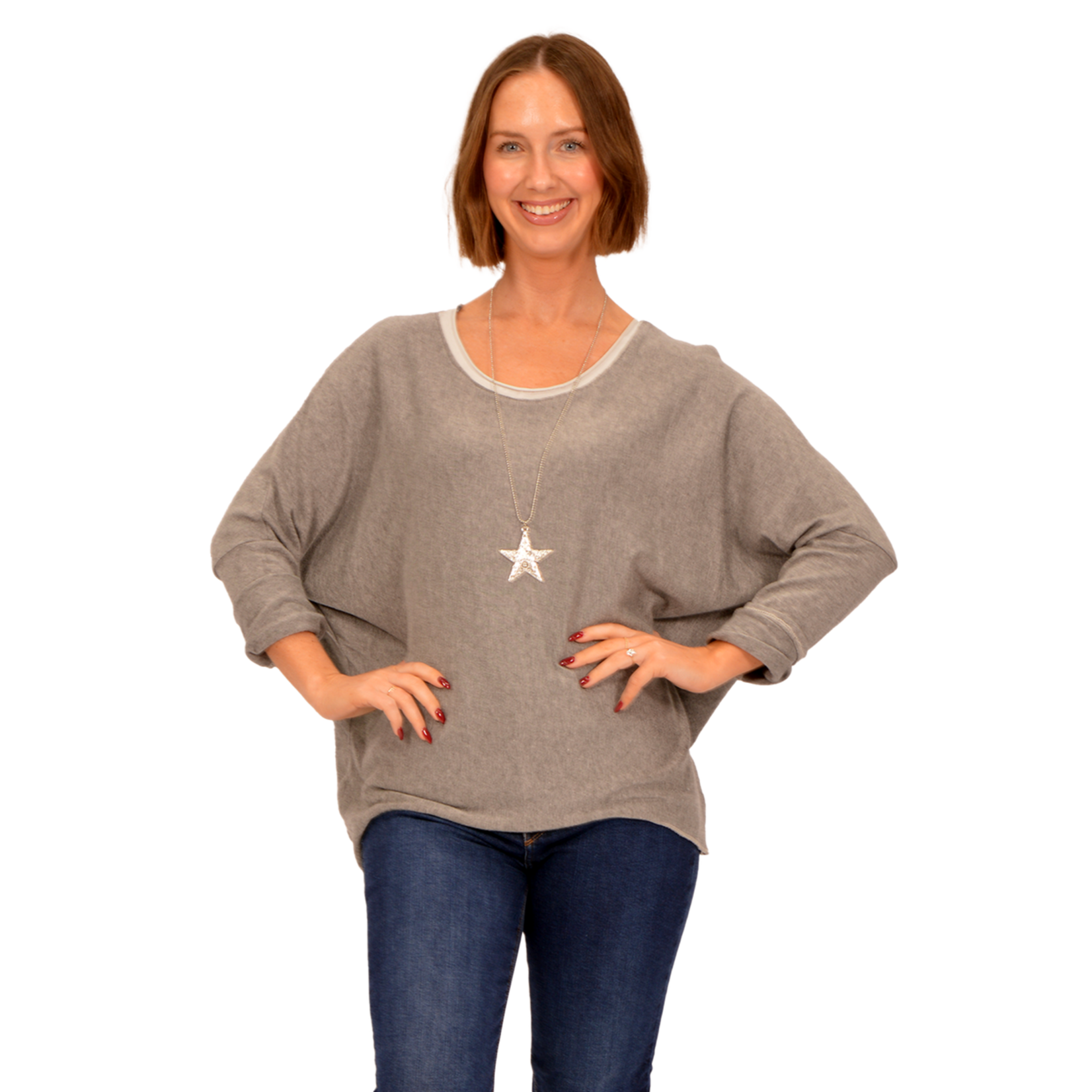 Catherine Lillywhites Grey Boat Neck Top w/ Necklace