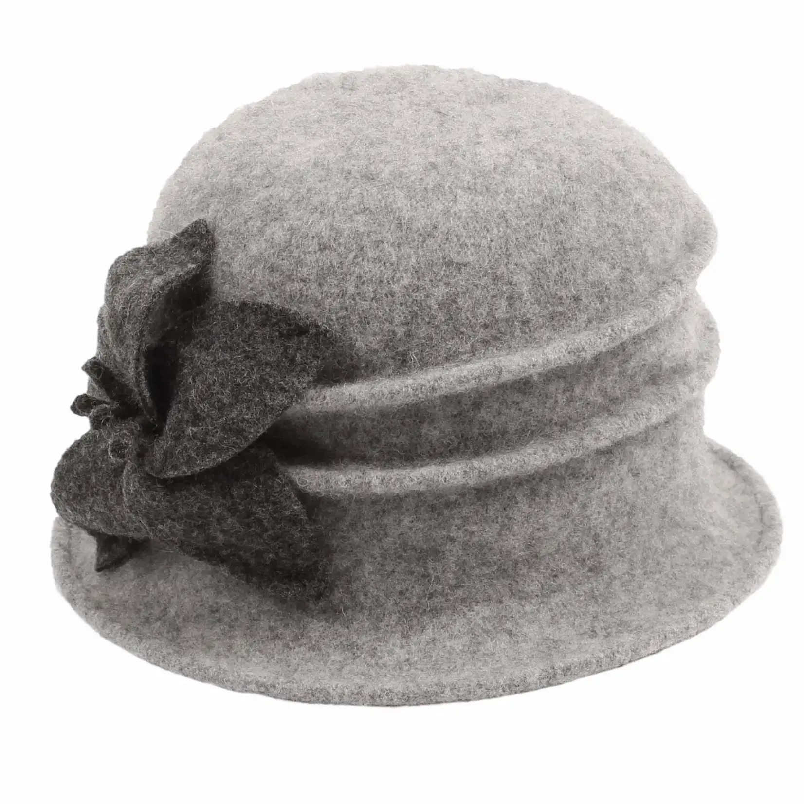 Jeanne Simmons Boiled Wool Cloche w/Dark Gray Flower on Light Gray