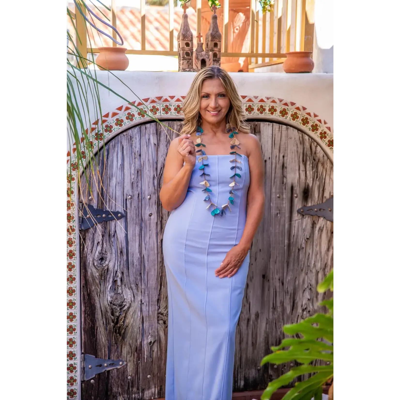 Organic Tagua Jewelry Long Single Tagua Slice Necklace in Royal Blue/Biscayne/Ivory