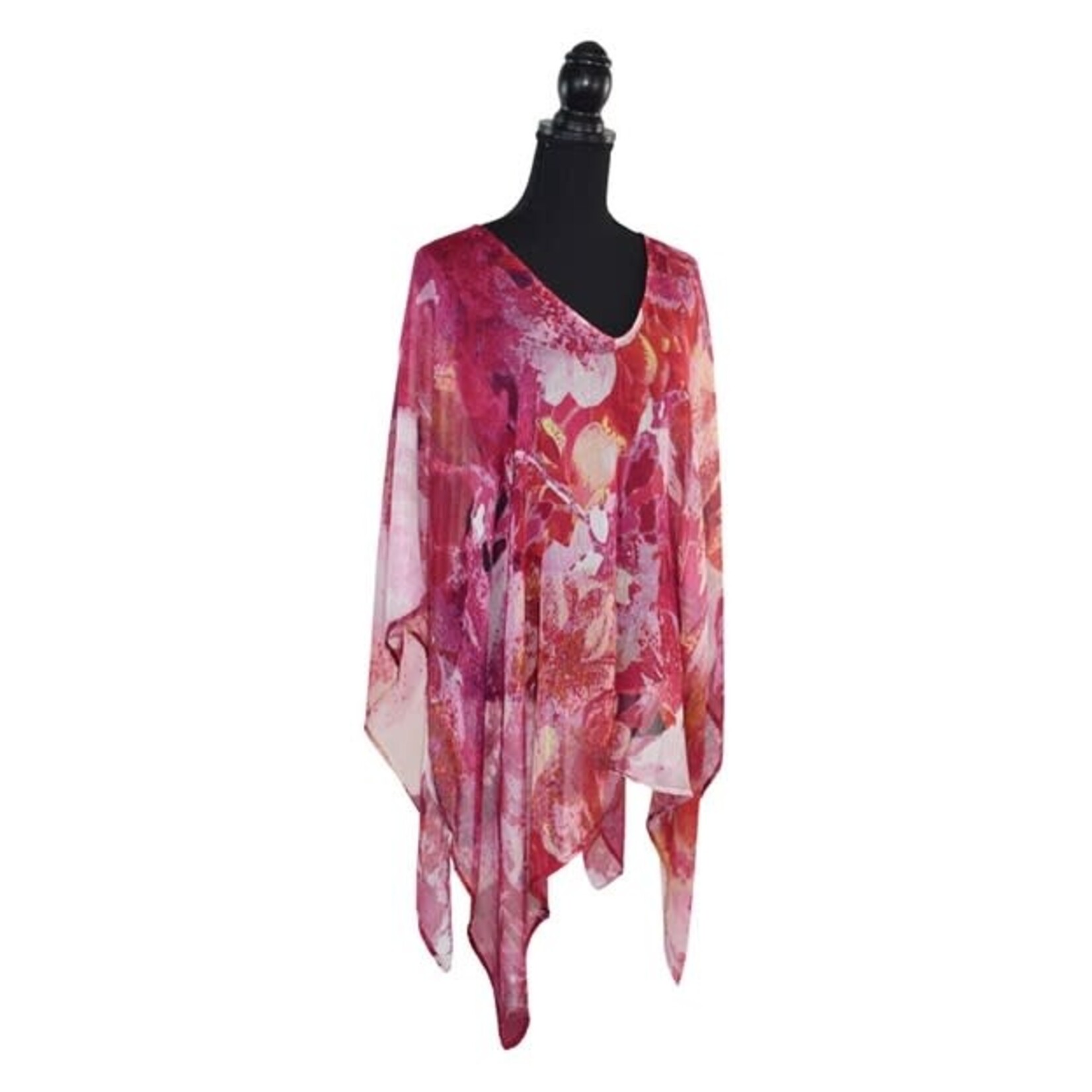 Hennesey Abstract Floral OS Poncho in Red