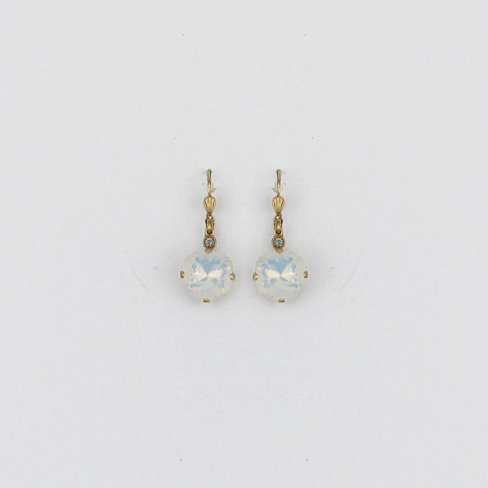 Vintage Gold Lever-Back Earrings w/ Square Crystal in White Opal